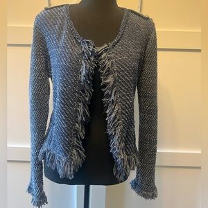 Chelsea & Theodore Fringe Trim Open Front Cardigan Sweater Size M